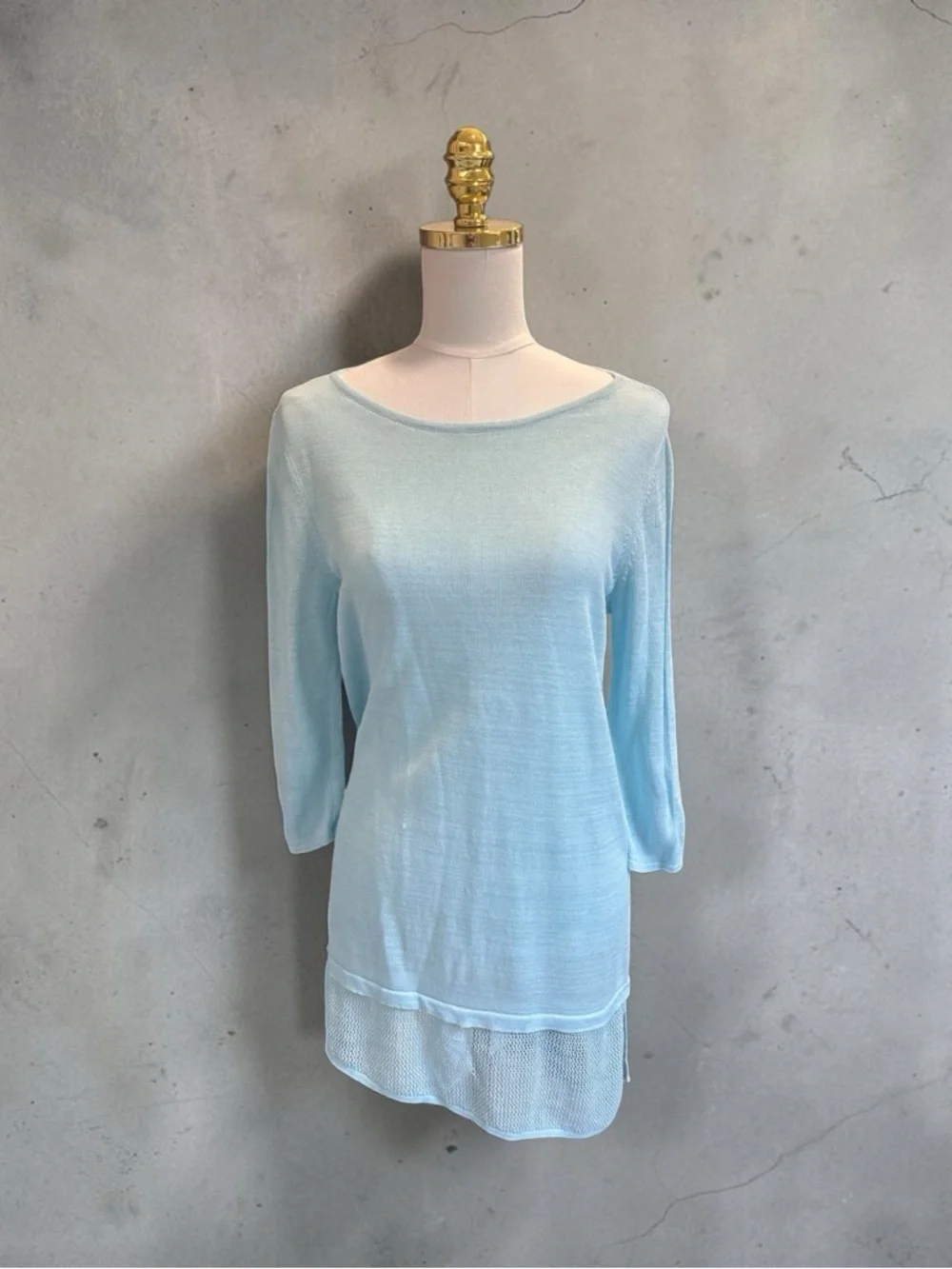 Pure Jill Linen Blend Tunic Sweater Light Blue Mesh Hem Size S Boho Coastal
